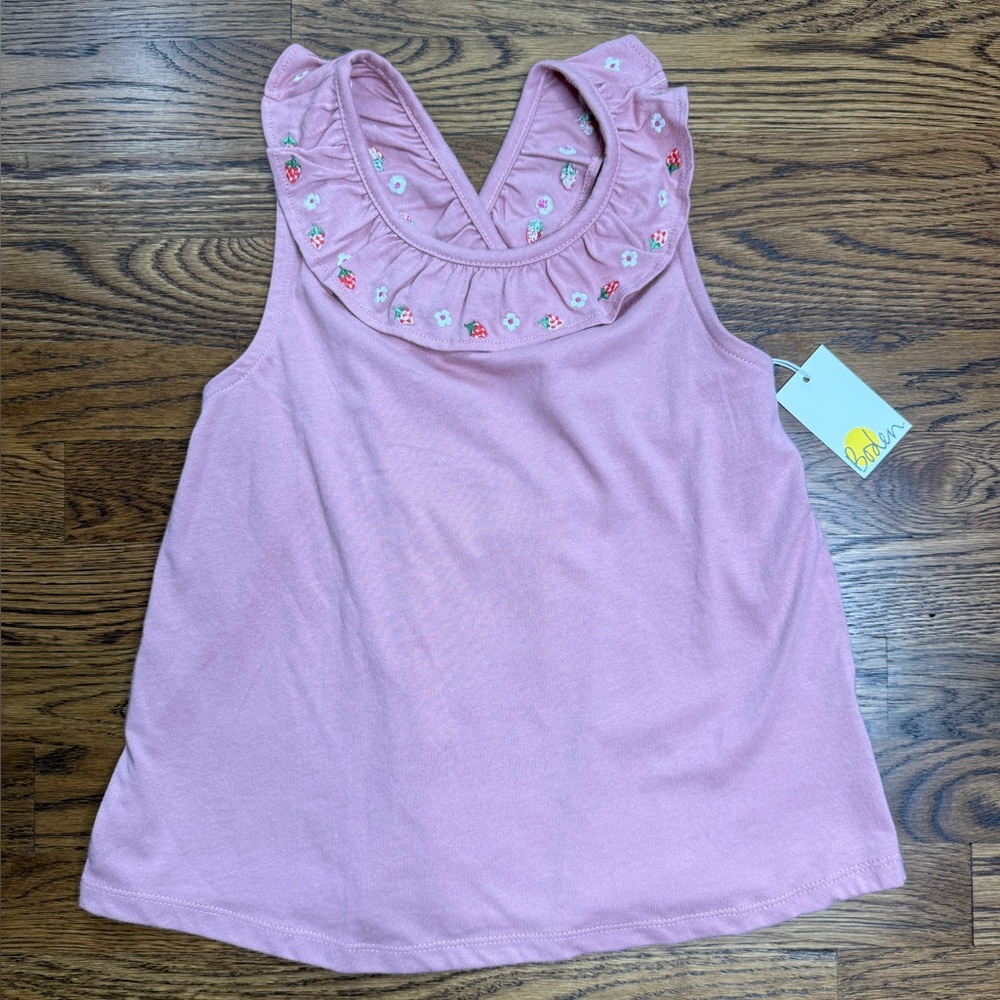 NWT Mini Boden Almond Pink Ruffled Cross Back Embroidered Sleeveless Top 9-10